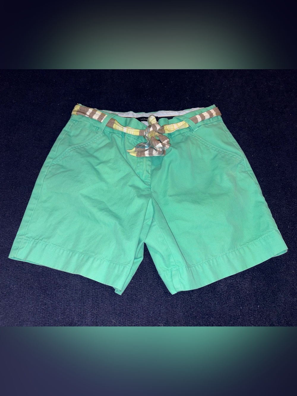 Lands' End Women's Seafoam Green Shorts Size 4P 100% Petite Cotton Plaid Belt
